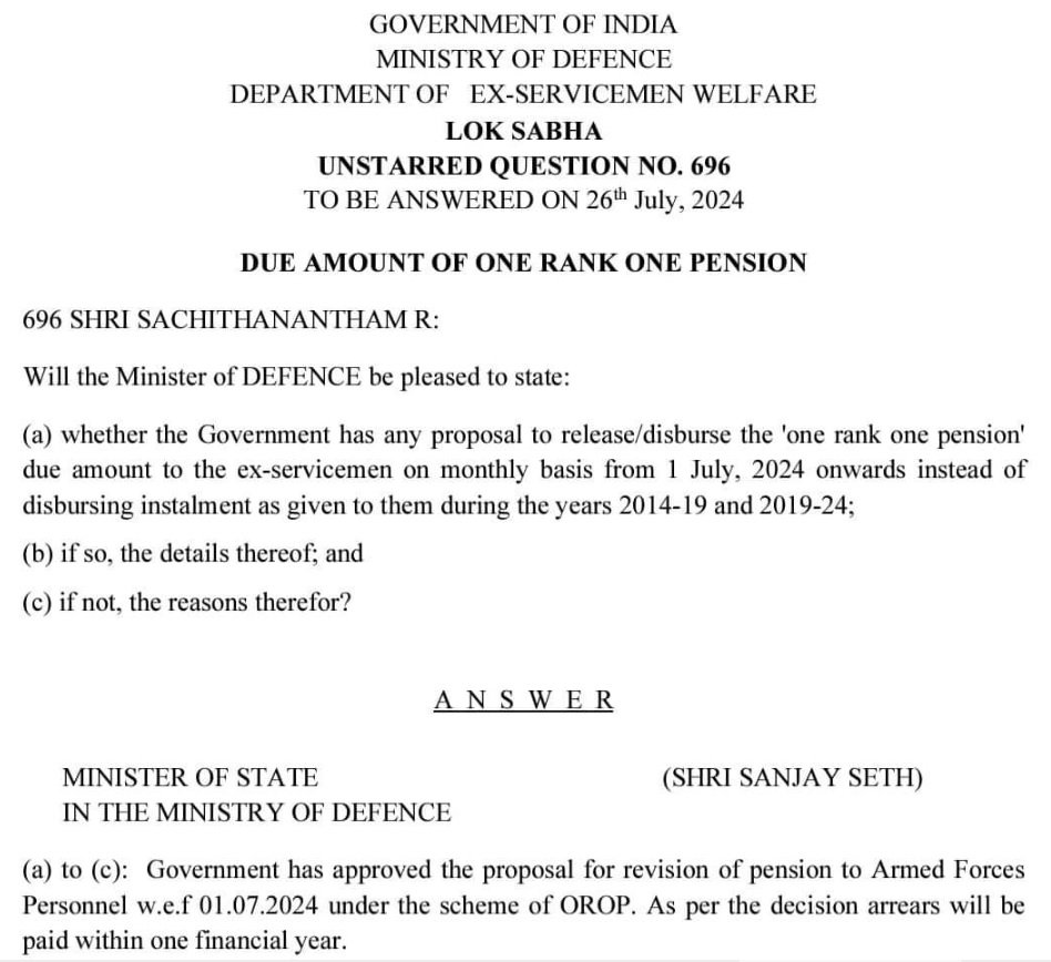 Central Government Approval of OROP Pension Revision from 1.7.2024